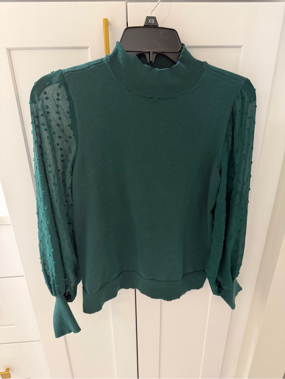 CeCe Forest Green Mock Neck Sweater with Sheer Dot Sleeves